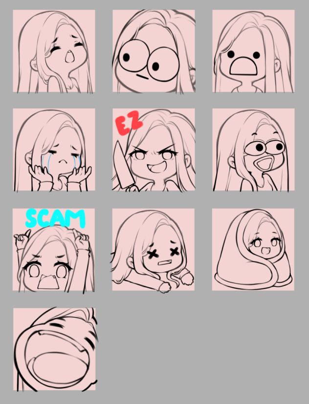 the image consists of 10 different facial expressions of a female character drawn in an anime/manga chibi style. each expression conveys a different emotion, including surprise, shock, fear, happiness, sadness, anger, and more. these drawings are likely intended to be used as emotes or stickers online.