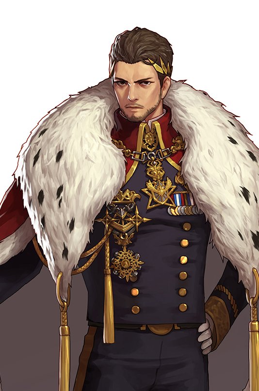 a digital illustration of a man dressed in an ornate military uniform with a  furtrimmed  royal  cape. he appears to be a king or emperor. he is  wearing a crown and many medals indicating his high status. the background is white.