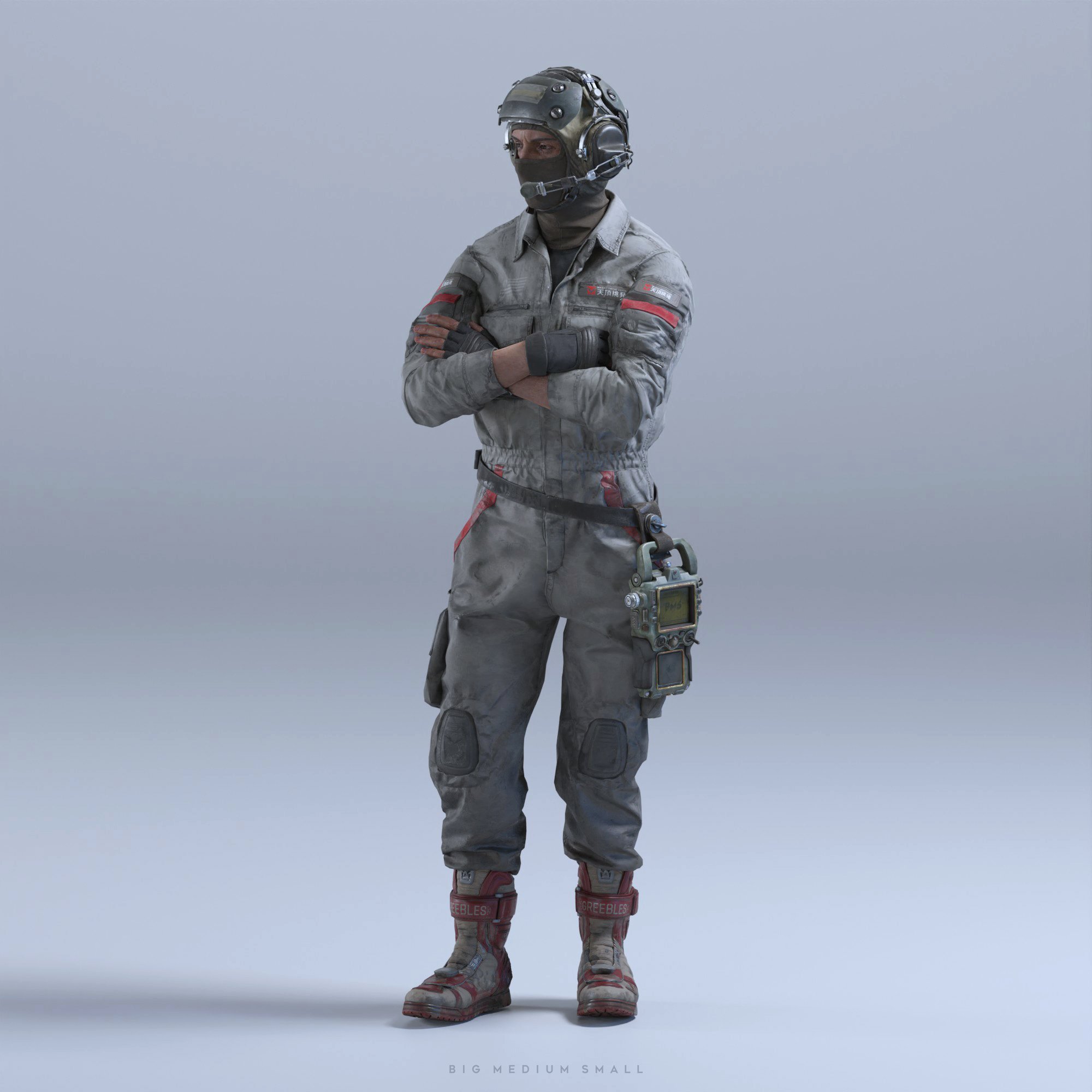 the image is a fullbody 3d render of a futuristic soldier or technician.  the character is standing with their arms crossed, wearing a grey, worn jumpsuit with red accents.  they are equipped with a tactical helmet featuring a visor and a balaclava, along with a utility belt holding a device.  the boots are sturdy and appear worn. the overall style suggests a scifi or dystopian setting. the background is a simple, light grey, focusing attention on the character model. the artist's signature, "big medium small," is subtly placed at the bottom of the image.