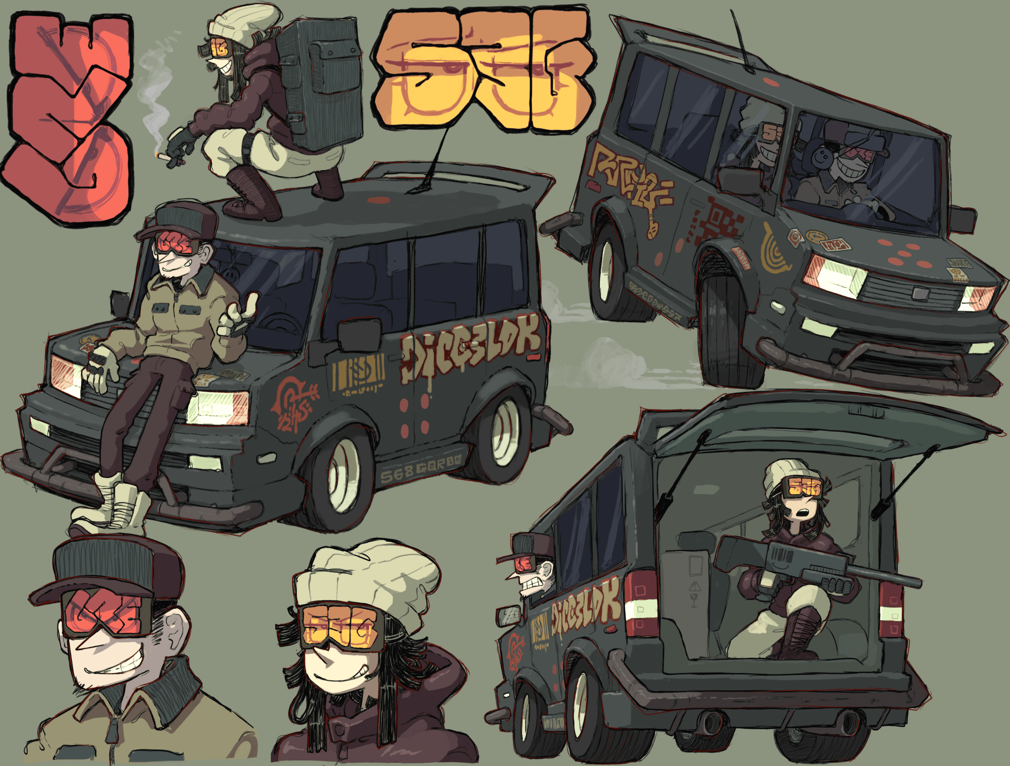 the image showcases concept art for a group of characters, likely a gang, centered around a customized black van. the van features graffiti, additional parts, and a livedin aesthetic.  the characters themselves have a grungy, cyberpunk, postapocalyptic style, with some carrying weapons. the art style is cartoonish with a limited color palette.