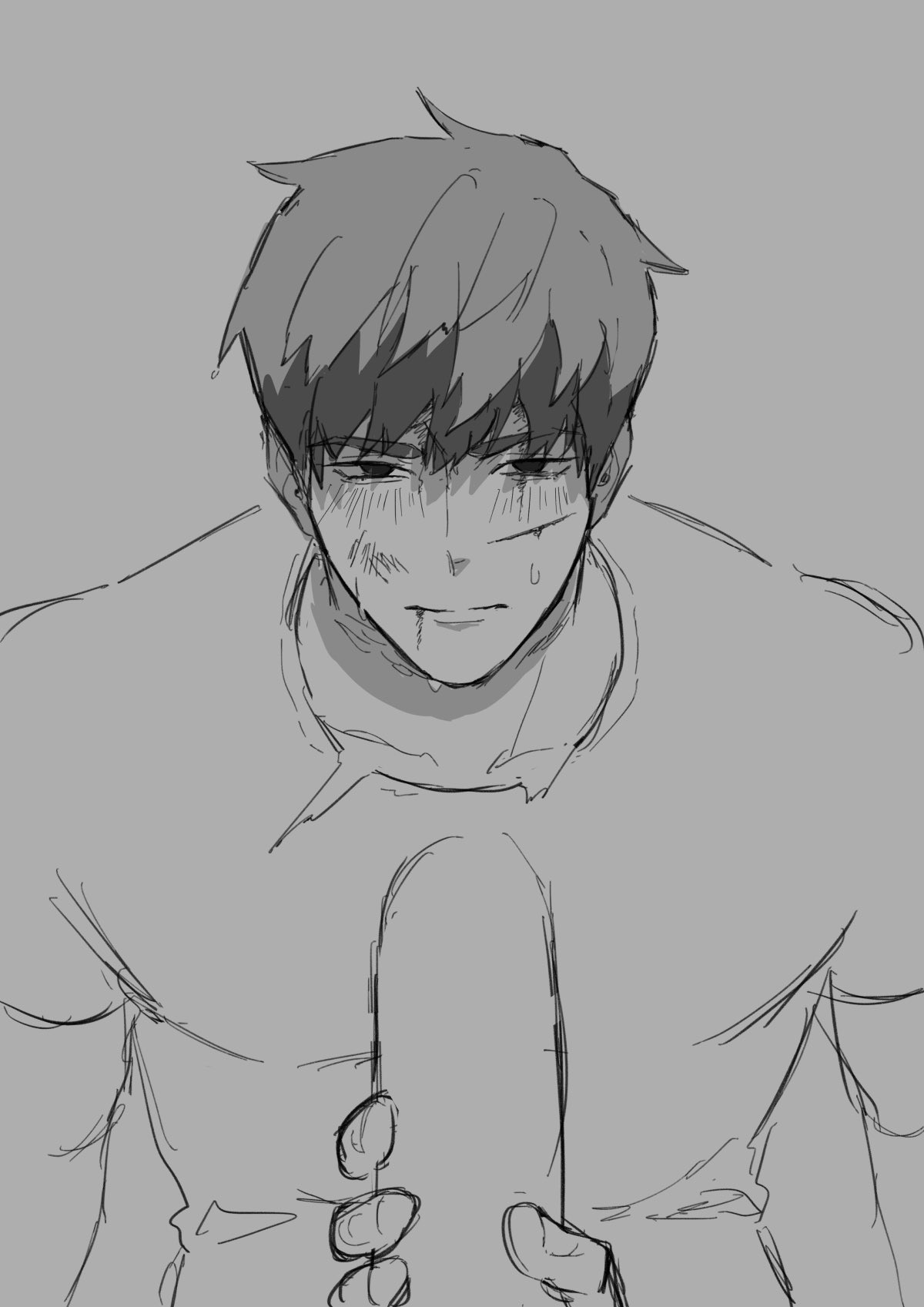 a sketch of a young boy with a bruised and bloody face holding a baseball bat. he appears to be deeply upset and frustrated.  the drawing is in black and white and done in a rough sketch style.