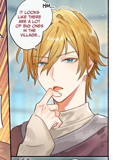 a blond haired anime boy with blue eyes is thinking thoughtfully, and his mouth is slightly open, with his finger on his chin. he is looking to the side, and the speech bubble above him says, "hm... it looks like there are a lot of big ones in the village."