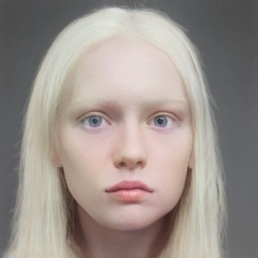 a closeup portrait of a woman with albinism. she has fair skin, blonde hair, and blue eyes. she is facing forward and looking directly at the camera. the background is a neutral gray.