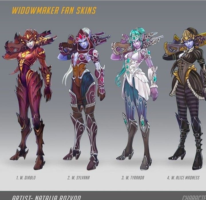 this image shows four different concept designs for widowmaker skins from the game overwatch. each skin is inspired by a different character:  diablo, sylvanas, tyrande, and alice madness.