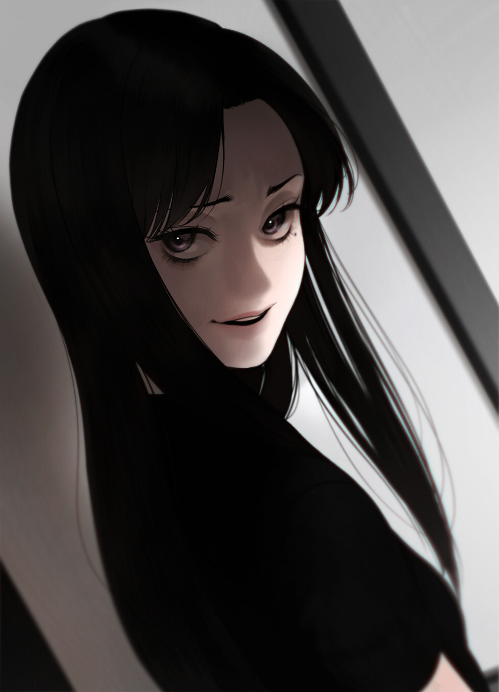 a young woman with long, straight black hair is depicted in a closeup portrait. she wears a simple black top and is positioned against a white wall with black frames, creating a stark contrast.  her dark eyes hold a subtle smirk, lending an air of mystery and allure to her expression. the soft lighting emphasizes the delicate features of her face and the smooth flow of her hair.