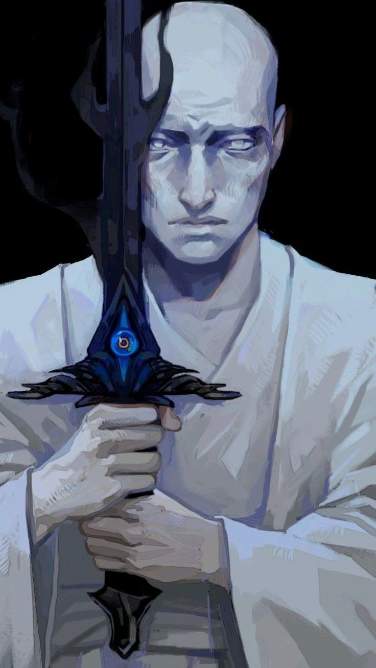 a bald man with pale skin and intense, shadowed eyes holds a large, ornate sword vertically in front of him. he is dressed in a simple white robe, and the background is a stark black.  the sword is dark with blue accents and has a stylized eye near the hilt. the lighting is soft, creating subtle shadows on the man's face.