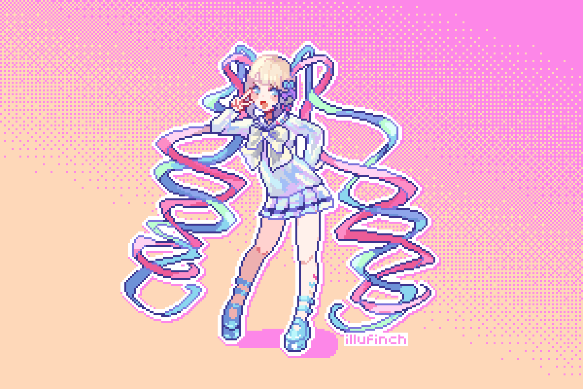 the image is a digital drawing of a young girl with blonde hair styled in long, flowing twintails adorned with colorful ribbons. she is wearing a stylized blue and white school uniform with a short skirt, thighhigh socks, and blue shoes. the girl is posing playfully with a hand on her hip and two fingers raised to her cheek, her expression confident and cheerful. the background is a gradient of pastel pink and orange, further emphasizing the cute and vibrant aesthetic of the artwork.