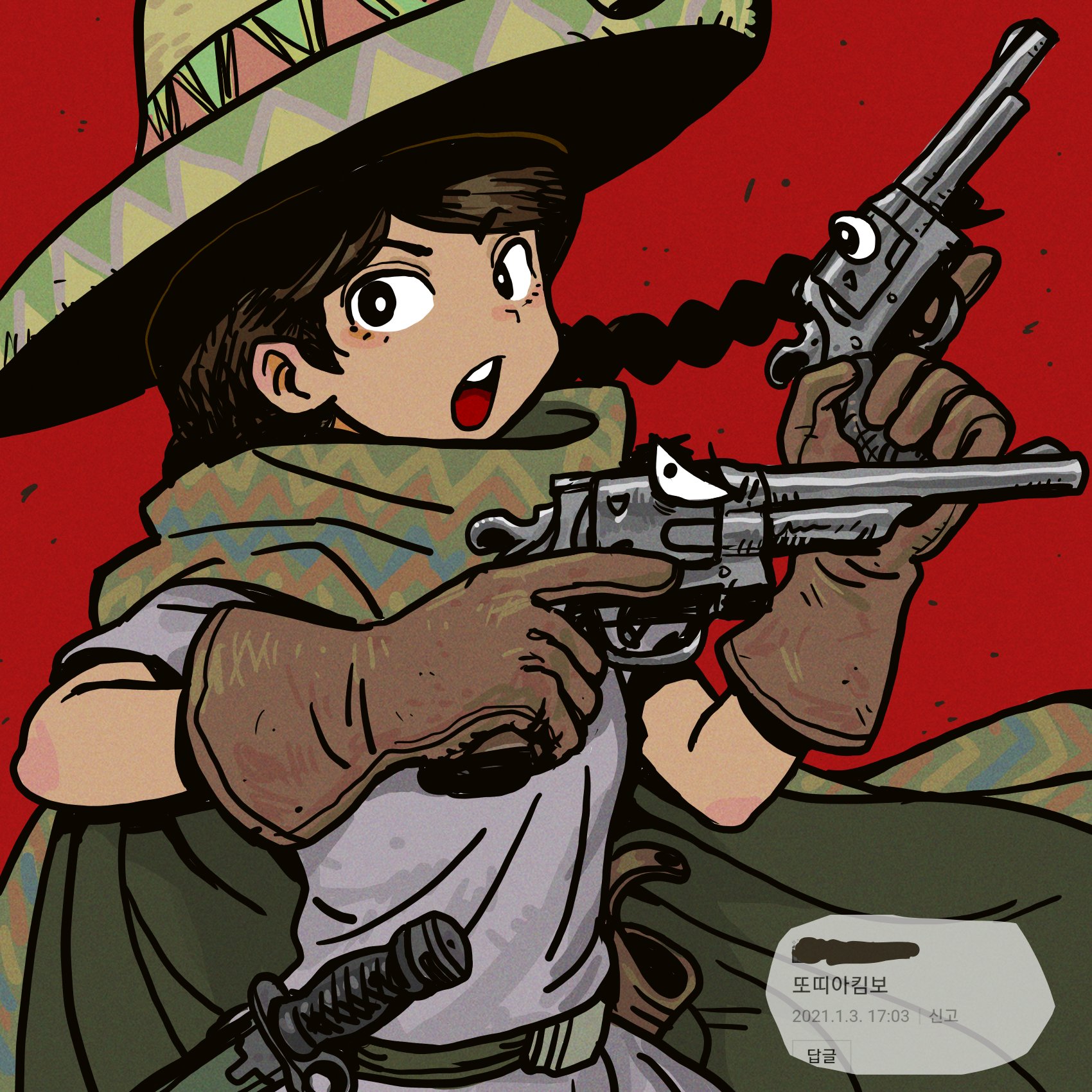the image depicts a woman, drawn in a comic style, holding two revolvers. she is wearing a sombrero and has a serious expression on her face. the background is red.