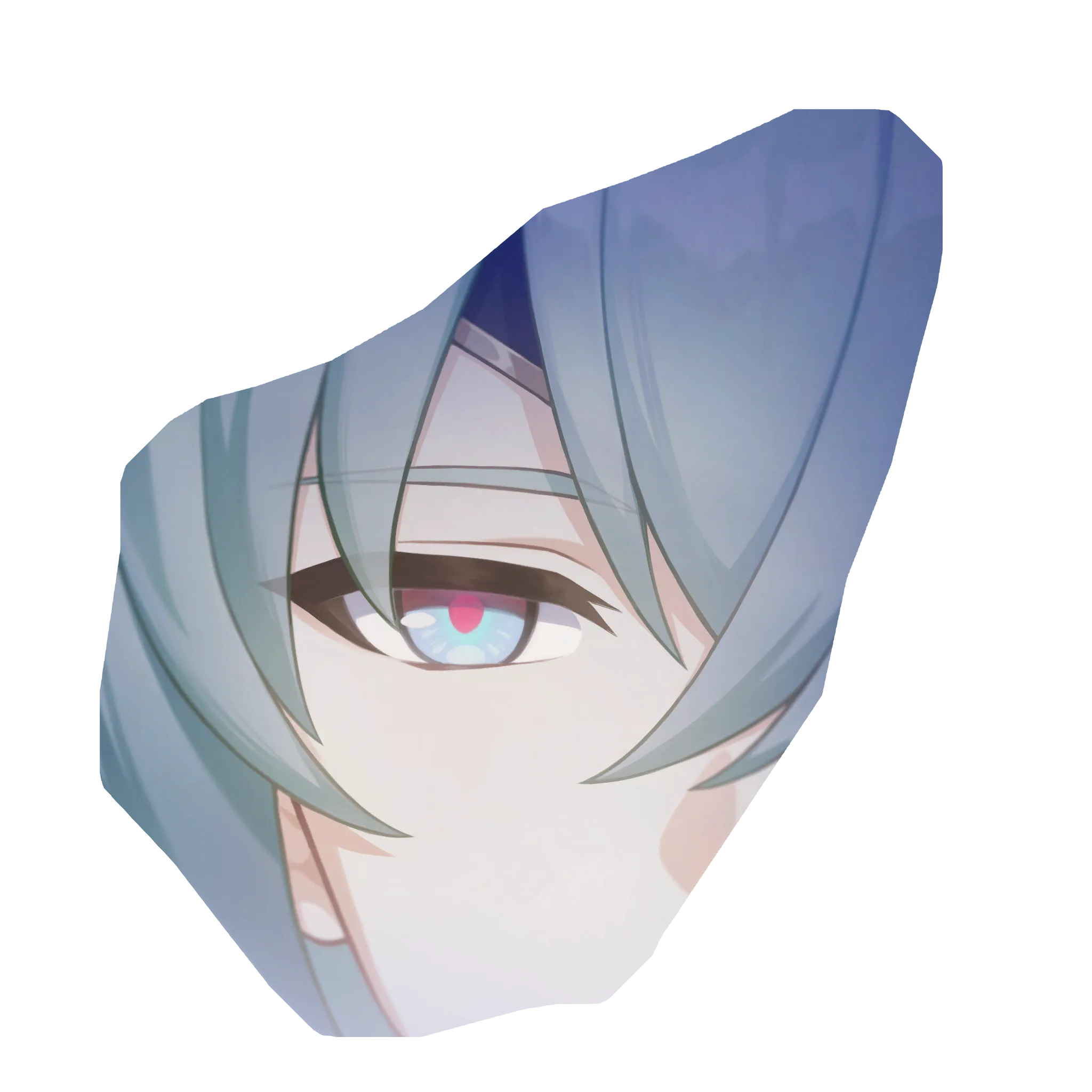 the image shows a closeup of an animestyle character's face, specifically focusing on one eye. the character has light blue hair and a fair complexion. the eye is blue with a hint of pink in the pupil. it appears to be a side view of the character.