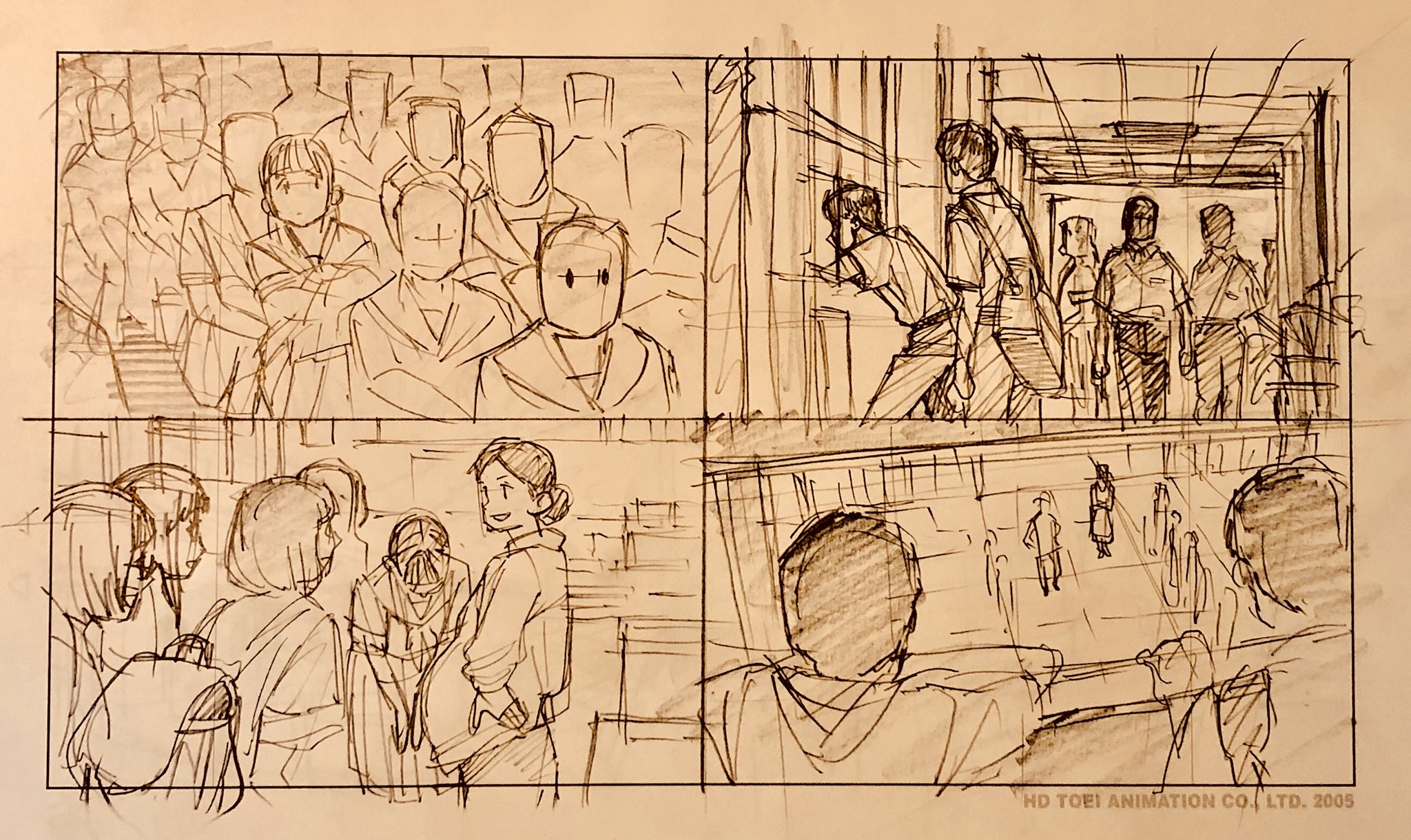 this is a rough storyboard sketch depicting various scenes of students and a teacher in a school setting. the top left panel shows a group of students in a classroom, while the top right panel depicts students walking down a hallway. the bottom left panel features a smaller group of students interacting with a teacher, and the bottom right panel shows a student's point of view looking towards the front of a classroom. the sketches are done in a loose, expressive style using pencil or charcoal, with minimal shading and details. the overall tone is casual and observational.
