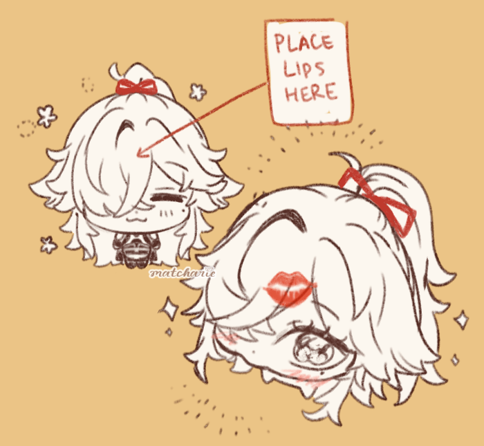 this is a digital illustration of two cute anime girls. one is a chibi character with a red bow on her hair, and the other has a red bow on her ponytail and red lips. the image is done in a light, pastel color scheme, and the characters have big eyes and happy expressions.  a red line goes from one character's mouth to the other character's head, and a speech bubble appears on the line that says "place lips here."  the image evokes feelings of love, happiness and playfulness.