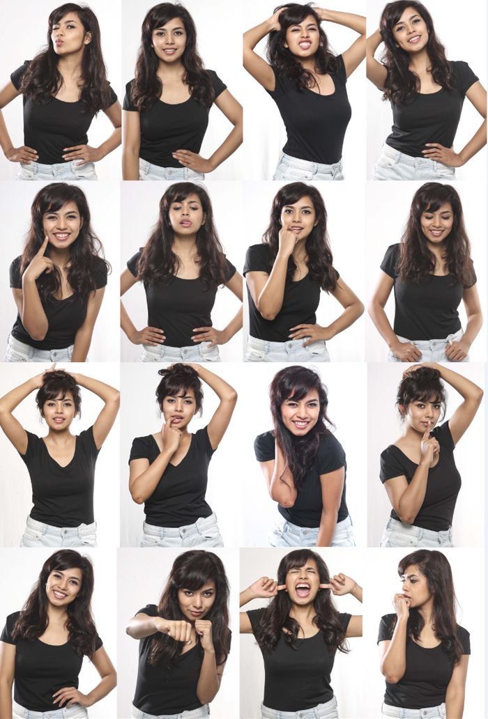 a collage of 16 photos of a young, attractive woman showcasing different expressions and poses. each photo is taken against a white background, with the woman wearing a simple black tshirt and white jeans. she demonstrates various emotions, including happiness, laughter, seriousness, and a hint of mischief.  the pictures capture her youthful energy and captivating charm.