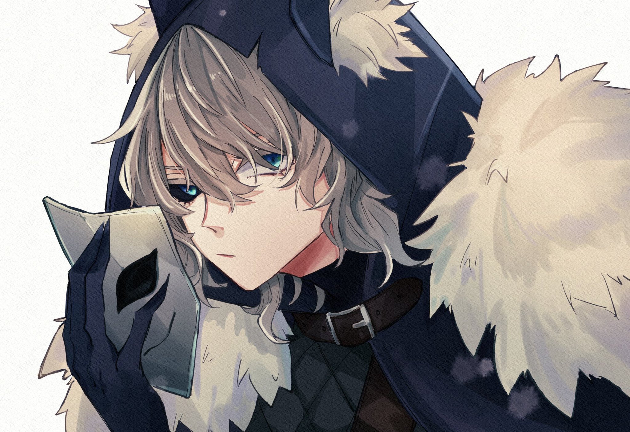 this is a digital art illustration of an anime boy with white hair, blue eyes and a white fur cloak and hood. he is holding a white mask with a dark design. the image is in a dark and mysterious tone, with the boy's face partially obscured by the shadow of his hood.