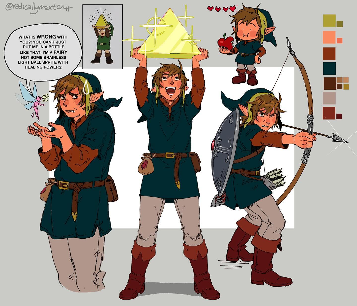 he image is a digital fanart depicting link from the legend of zelda series in various poses and expressions.  the main focus is a larger, more expressive link interacting with a fairy, expressing frustration at being put in a bottle. other panels show link wielding a bow and arrow, holding a glowing triangular artifact, and a chibistyle link eating an apple.  there's also a text bubble explaining the fairy's complaint. the style is cartoonish but detailed, with distinct linework and color choices. a color palette is included in the corner.