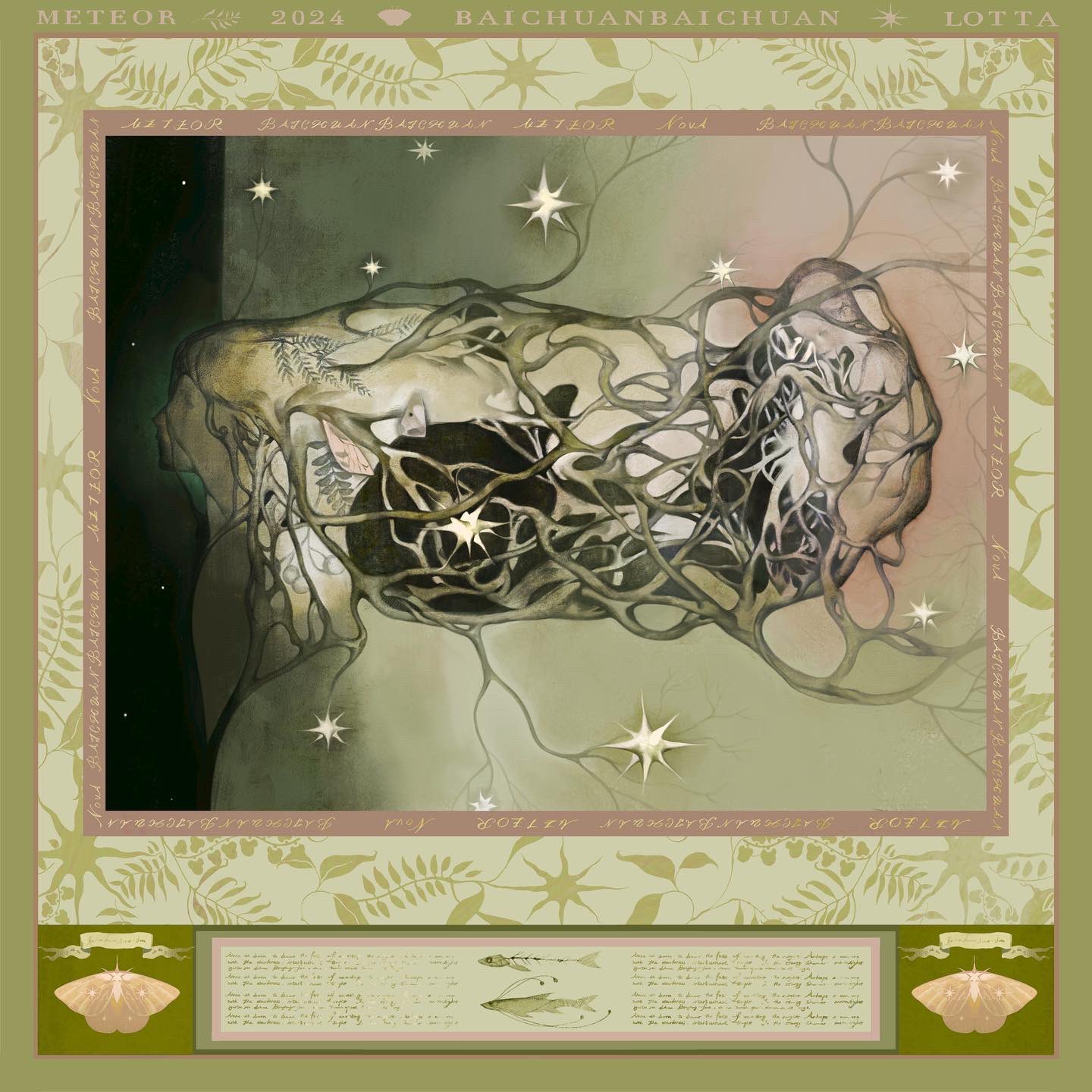 the image is a whimsical and surreal illustration depicting a large, sprawling tree with intricate branches that seem to stretch into the night sky. the tree is surrounded by stars, and there are hints of floral patterns in the background. the illustration is done in a soft, muted color palette, with greens, browns, and whites dominating. the overall effect is one of magical realism, suggesting a dreamlike and fantastical world.