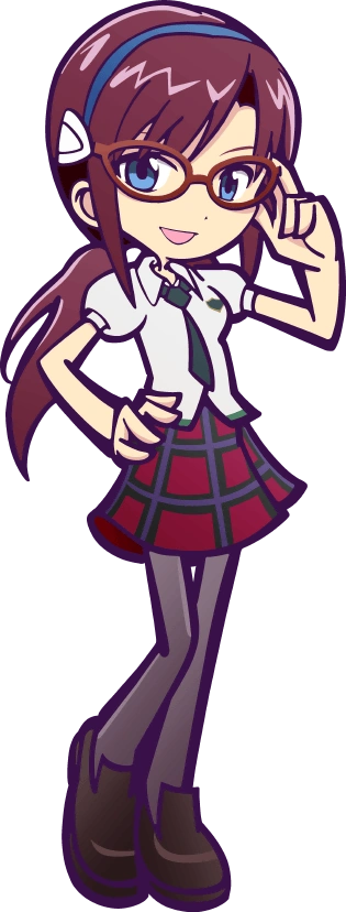 the image is a digital drawing of a cute animestyle chibi schoolgirl. she has long purple hair, blue eyes, and is wearing glasses. her outfit consists of a white shirt, a red and purple plaid skirt, a tie, and darkcolored boots. she is posing with one hand on her hip and the other hand holding her glasses.  the style is reminiscent of japanese manga and anime, particularly in its use of large eyes and a simplified, childlike body shape.  the overall aesthetic is cheerful and kawaii (cute).