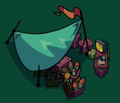 the image shows a simple campsite at night. a teal tent is set up with a red flag on a pole at one end. around the tent are several crates and boxes, some open and some closed, containing various camping supplies. the scene is lit by a dim, possibly artificial, light source.