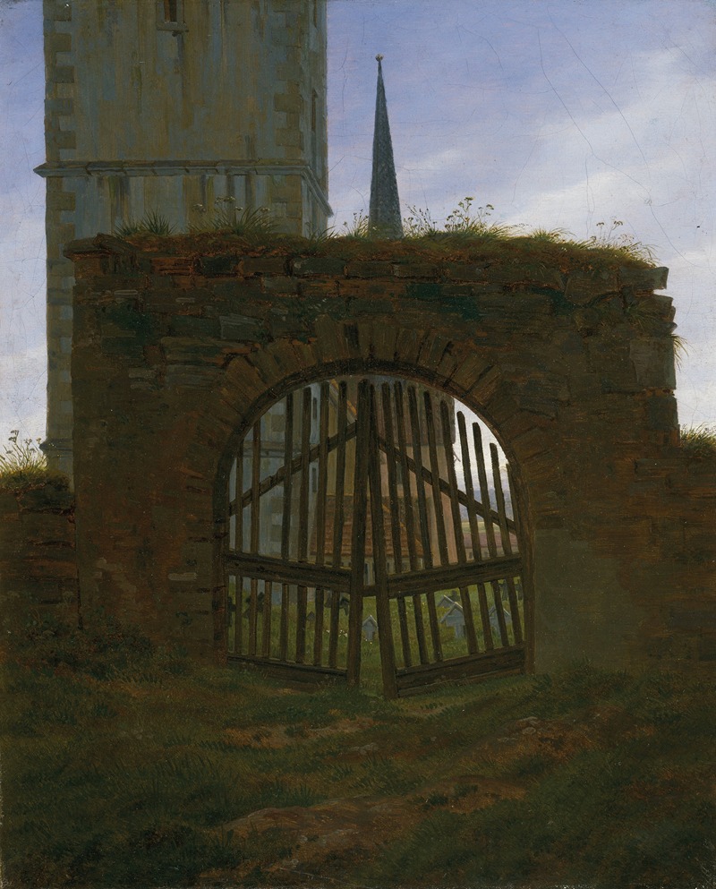 the painting features a stone archway with a wooden gate, partially open, leading into a grassy area with tombstones. a church tower stands to the left of the archway, and a spire is visible in the background. the sky is overcast, and the overall tone of the painting is somber. the painting is "village landscape in morning light" by caspar david friedrich.