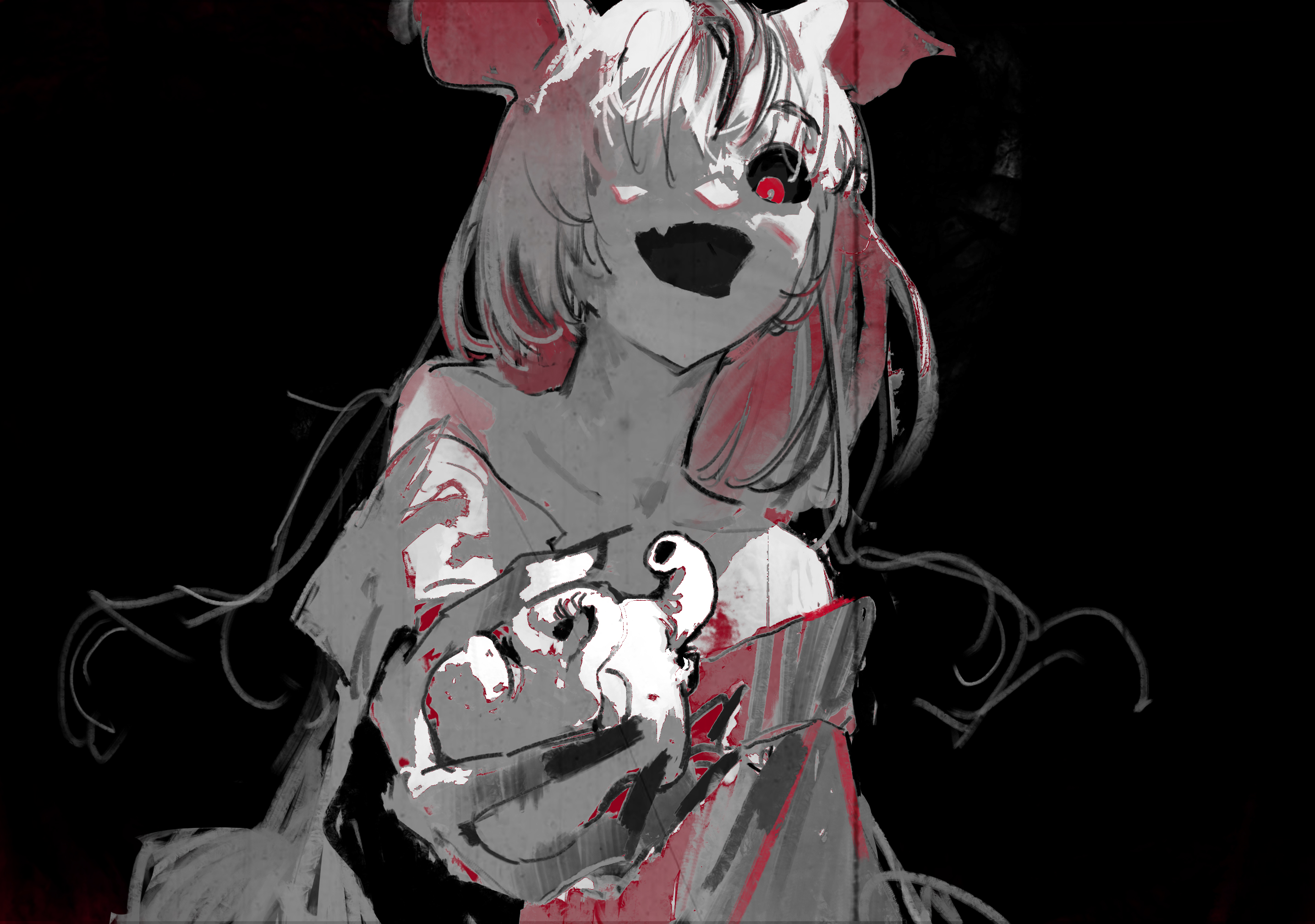 the image shows an animestyle girl in a dark and horror setting. she has a red eye and a wide, creepy smile with visible teeth, suggesting a monstrous or demonic aspect. the girl is holding a creature in her hand. the overall atmosphere is spooky and unsettling.