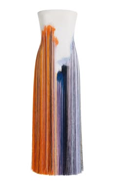 a white strapless dress with multicolored fringe. the dress is made of a smooth, silky fabric, and the fringe is made of a more textured material. the fringe is arranged in vertical stripes, creating a modern and abstract look. the dress is perfect for a special occasion, such as a wedding or a formal event.