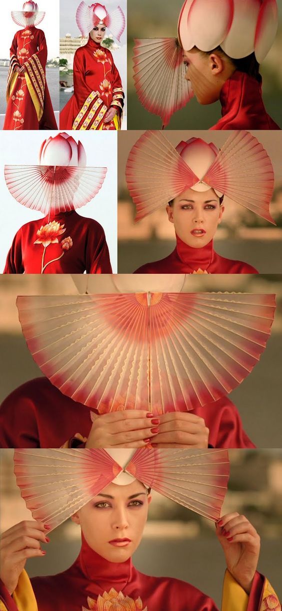 this image shows a woman dressed in an elegant red dress with a large, ornate fan headpiece. she is in a film setting and is possibly a character. the costume design is futuristic and fantasyinspired. the image is arranged in a collage format, showing various angles of the costume. the red color scheme and the intricate details of the fan and dress give a sense of beauty and extravagance. the image evokes a sense of mystery and imagination, as if the woman is a powerful and enigmatic character from a fantastical world.