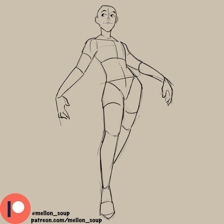 a line drawing of a female figure with a loose pose, with her legs slightly bent and her right arm extended toward the viewer. the drawing is detailed, showing the outline of the figure and the folds of clothing. the figure is wearing a loosefitting shirt and shorts.  the drawing is done in a simple style, with minimal shading or details. the background is a light brown.