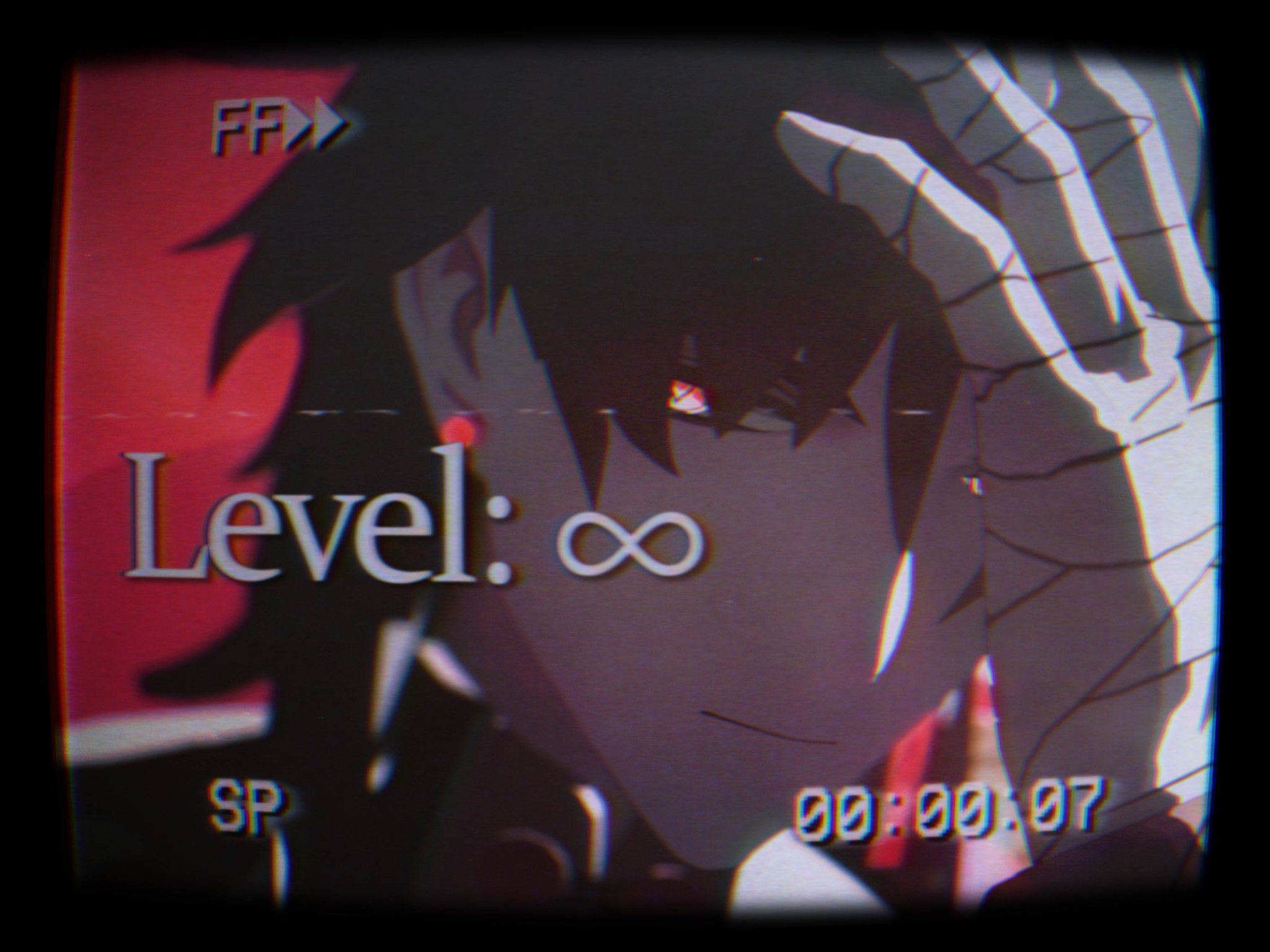 a closeup of an anime character's face in a dark and edgy aesthetic. the character has black hair and eyes, and is wearing a black jacket. the image is filled with a retro filter and glitches, giving it a cyberpunk feel. the character's hand is visible in the frame, and it's covered in a bandage. the word "level" is written in white with an infinity symbol in white next to it. the image gives off a cool and mysterious vibe.