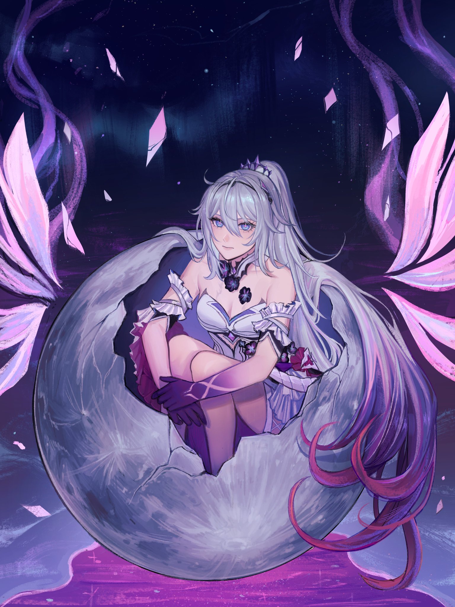 an animestyle digital illustration of a beautiful young woman with long white hair wearing a white dress and sitting on a crescent moon. she is surrounded by purple wings and a magical aura. the background is a dark purple with stars and a faint light blue aurora borealis. the image is very dreamy and ethereal, and it gives the feeling of magic and wonder.
