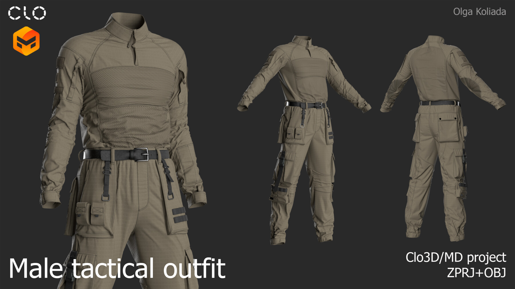 a 3d model of a male tactical outfit. the outfit is made up of a longsleeved shirt and cargo pants, all in a camo pattern. the model is shown from different angles, including a front view, back view, and side view. the outfit is welldesigned and detailed, with realistic textures and materials. the model is suitable for use in video games, movies, and other 3d projects.