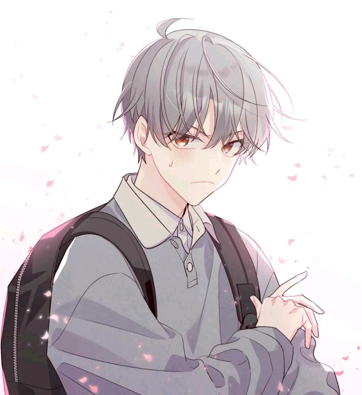 an animestyle illustration of a young man with gray hair and brown eyes wearing a gray polo shirt and a black backpack. he has a slightly annoyed or irritated expression on his face and is making a hand gesture. the background is light pink with soft, blurred details that resemble flower petals or a bokeh effect. the overall style is reminiscent of manga or webtoon art.
