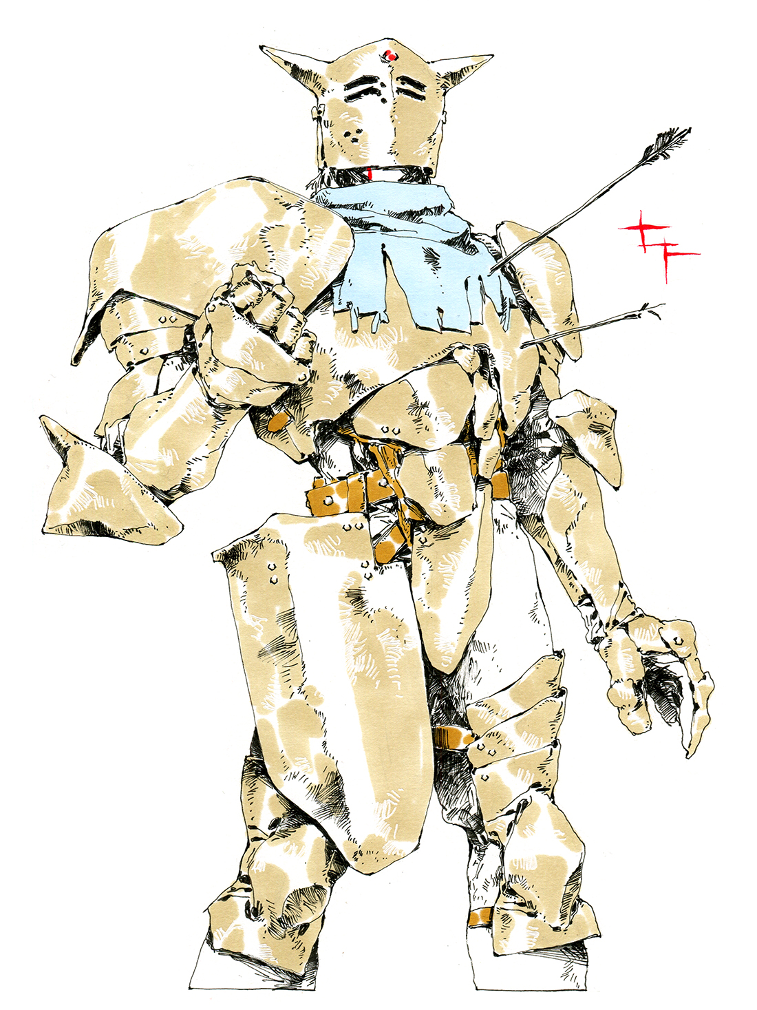 a fullbody illustration showcasing a heavily armored warrior. they are clad in ornate plate armor featuring exaggerated pauldrons and greaves, a horned helmet, and a simple blue scarf. the warrior is pierced by two arrows on their right side, but their posture remains stoic and strong. the overall aesthetic leans towards a stylized fantasy interpretation of medieval armor. the image employs a muted color palette dominated by various shades of brown and beige, with subtle hints of blue and red. the art style emphasizes detailed linework and hatching to depict texture and volume.
