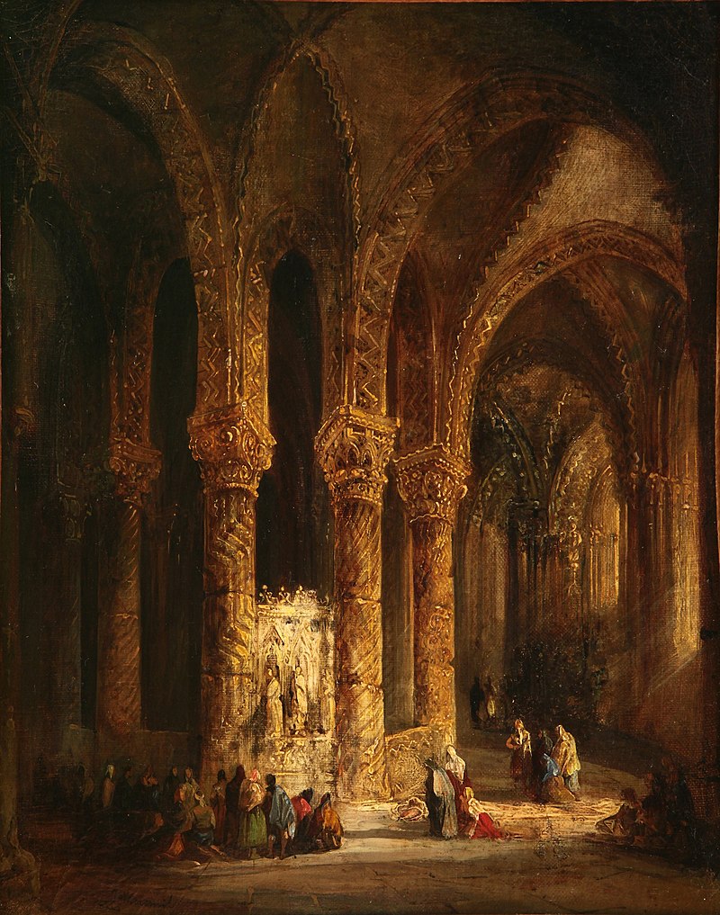 the image is a painting depicting the interior of a grand, ornate church. the scene is dominated by tall, golden columns that support elaborate archways and a high, arched ceiling. the architecture is gothic in style. people are gathered within the church, some near an altar and others in groups, suggesting a religious scene or ceremony. the painting uses strong contrasts of light and shadow, with light highlighting the golden details of the architecture and figures.
