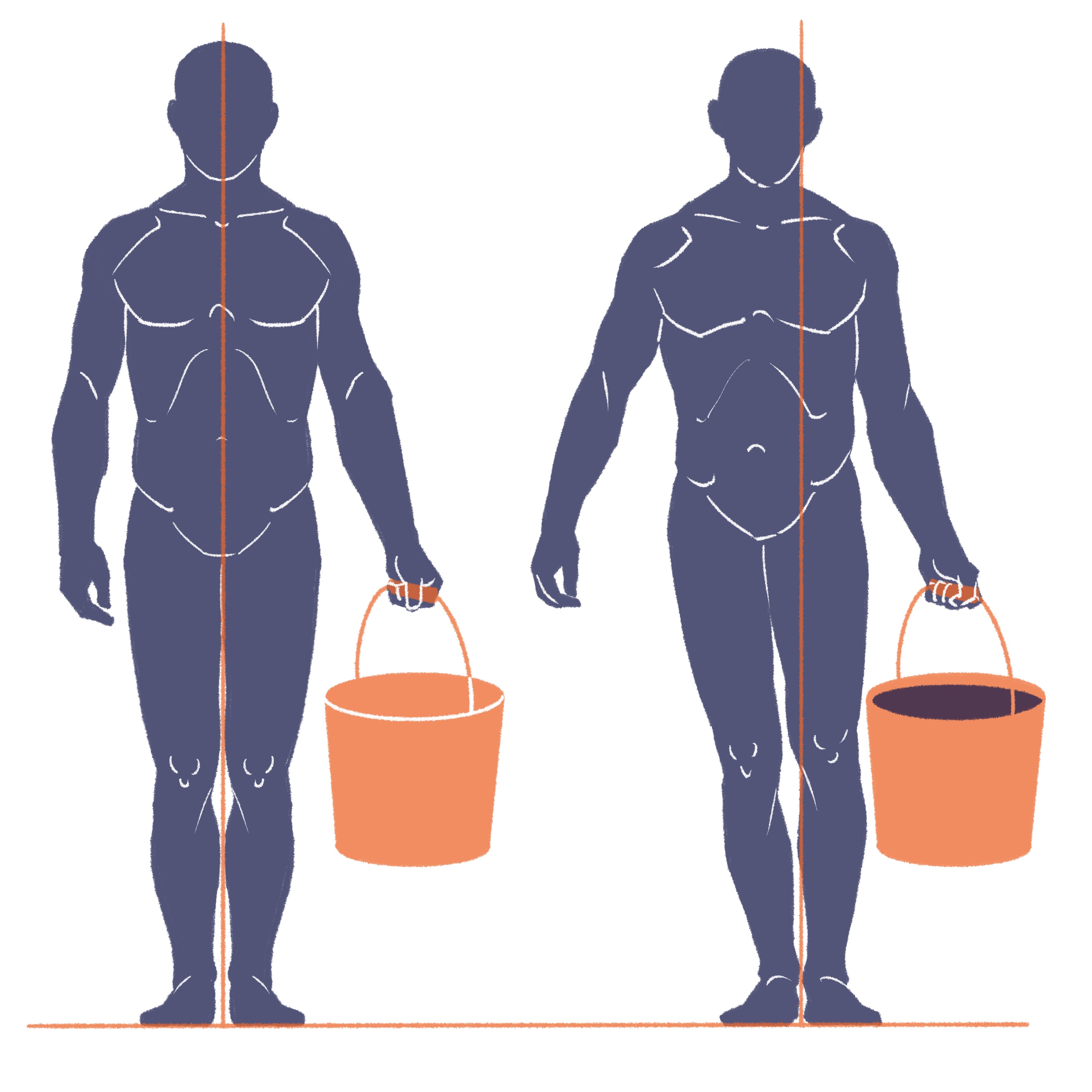 two male figures stand facing forward with one arm extended to hold an orange bucket. a vertical line bisects each figure. the figure on the left holds an empty bucket and the figure on the right holds a full bucket.