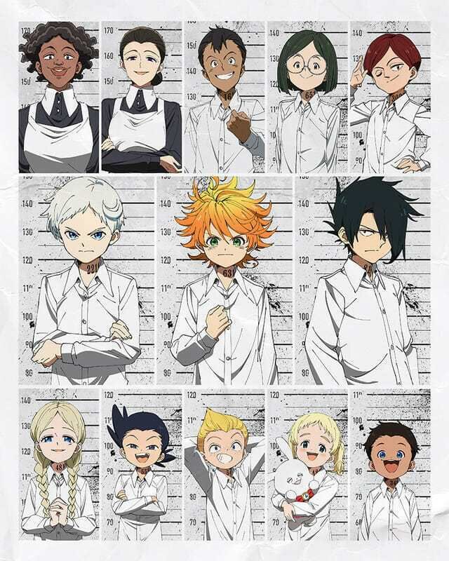 his image is a fanart depicting the main characters from the anime and manga series "the promised neverland" arranged in a policestyle lineup.  each character is shown in a mugshotstyle frame with height measurements indicated. the characters include emma, norman, ray, and several other children and adults from the orphanage.  the style is consistent with the show's aesthetic, featuring detailed linework and shading.