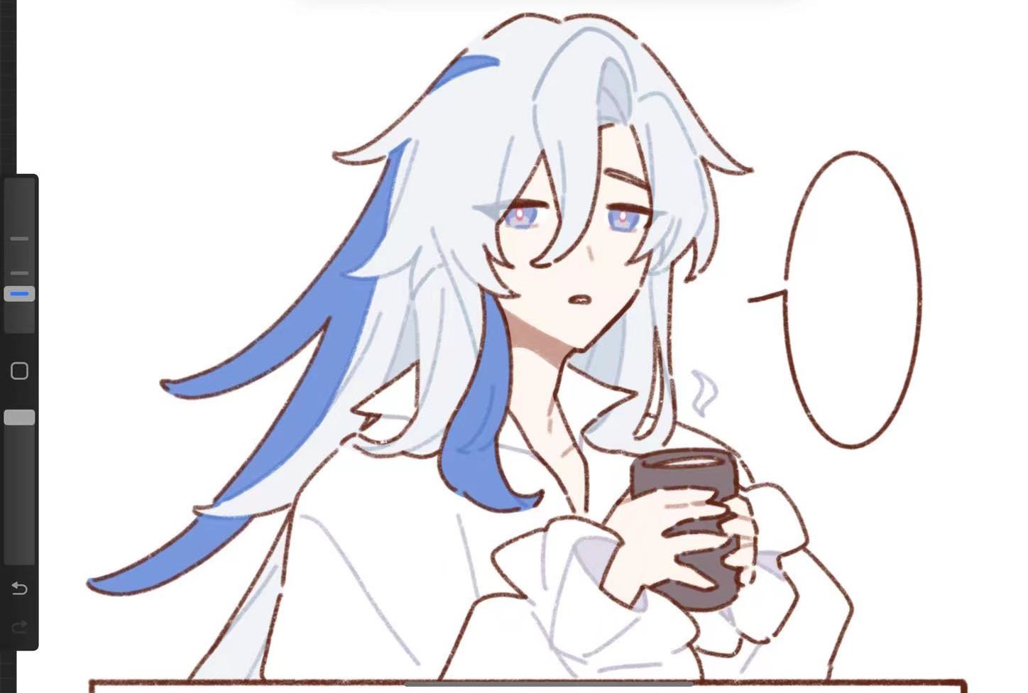 the image is a digital drawing of an animestyle male character. he has long, mostly white hair with streaks of blue, and is dressed in a loose, white, open shirt. he's holding a darkcolored mug, seemingly containing a hot drink, and has a slightly pensive or expressionless look on his face. a speech bubble suggests he might be thinking. the art style is soft and cute, with pastel colors and a slightly chibilike proportion.  the overall feel is relaxed and peaceful. the image is likely fan art, given the style and lack of identifying marks associated with a specific property.