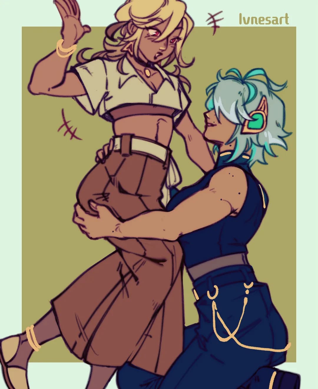 the image is a digital drawing featuring two girls. one has blonde hair and is wearing a crop top and brown pants; the other has blue hair and is wearing a dark blue outfit. the blonde girl is being lifted or held up by the bluehaired girl, who has a smiling expression. the style is reminiscent of anime or manga, with bold lines and vibrant colors. the overall mood is affectionate and playful. the artist's signature, "lvnesart," is visible in the upper right corner.