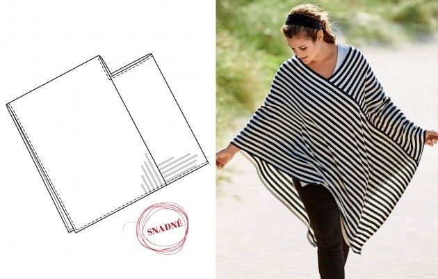 the image shows a woman wearing a black and white striped poncho. on the left side of the image is a sewing pattern for the poncho, and on the right side is a woman wearing the finished garment.