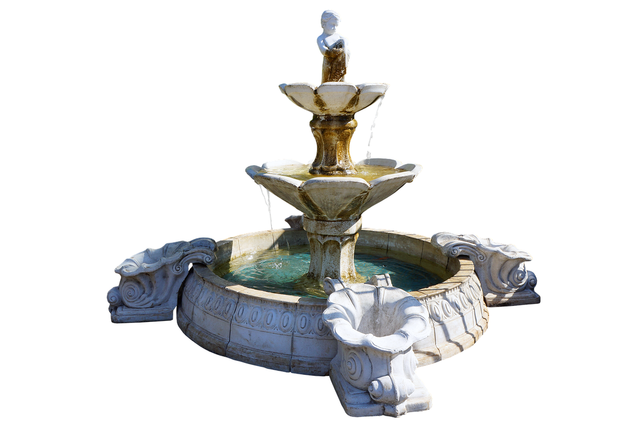 a threetiered stone fountain with a statue of a child on top is centered against a black background. the fountain has a classical design with ornate details and water flowing from the upper tiers into the basin below. the base of the fountain is decorated with sculpted details.