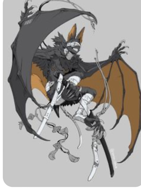 a detailed sketch of a batlike creature with large wings, sharp claws and teeth. the creature is drawn in a black and white style with touches of brown and orange. the creature is facing towards the right of the image, its wings spread. it has a mask over its eyes and appears to be holding a sword in one of its claws. the creature appears to be in midair, almost suspended.