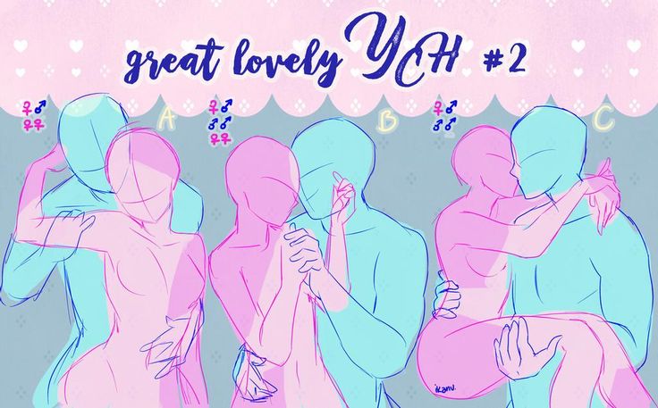 the image contains 3  drawings in the style of anime or manga showing different couple poses. the drawings are base sketches that can be used as a prompt or reference for artists creating their own art. the image includes a  couple hugging, a  couple kissing, and a  couple holding each other close.