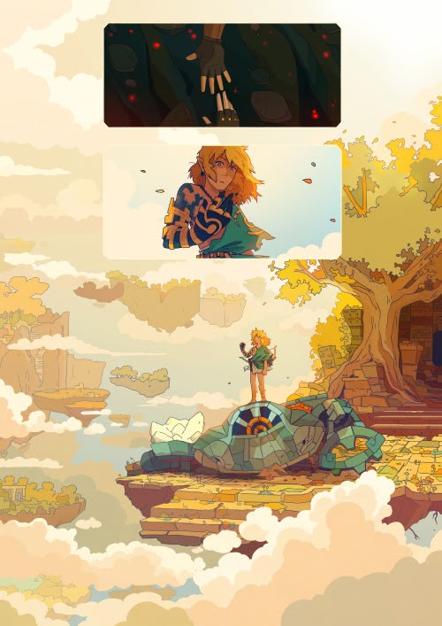 the image features a compilation of legend of zelda fan art. at the bottom, link stands atop a stone structure on a sky island amidst clouds, a tree and a building behind him. above, a closeup of link with his shoulder adorned with markings. at the top, a darker scene of hands, possibly also link's.