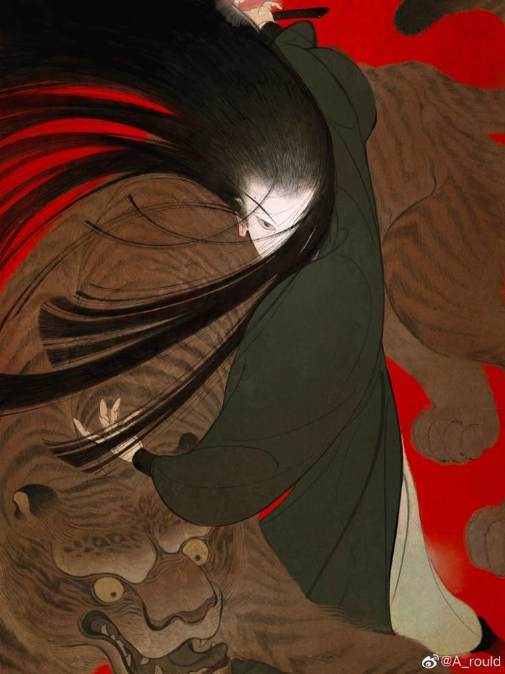 an illustration in an asian art style depicts a figure with long black hair wielding a sword. the figure is dressed in traditional clothing, possibly a robe or gown. a tiger is prominently featured, and the background is red.