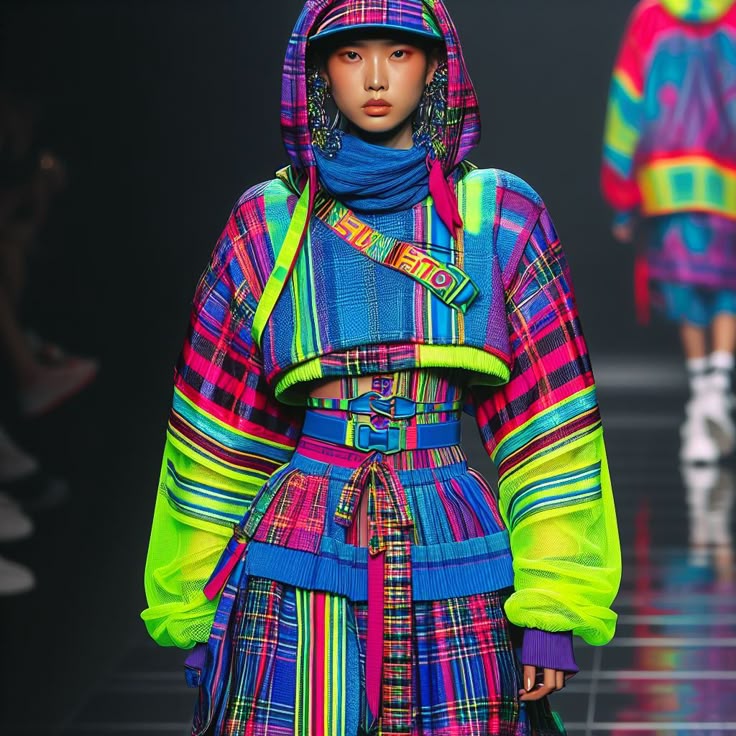 a model walks the runway during a fashion show, wearing a vibrant and colorful plaid outfit. the outfit consists of a cropped hooded jacket with neon yellow sleeves, a highwaisted skirt with a matching belt, and large, ornate earrings. the model has a neutral expression and is walking towards the camera, with another model visible in the background wearing a similar outfit.