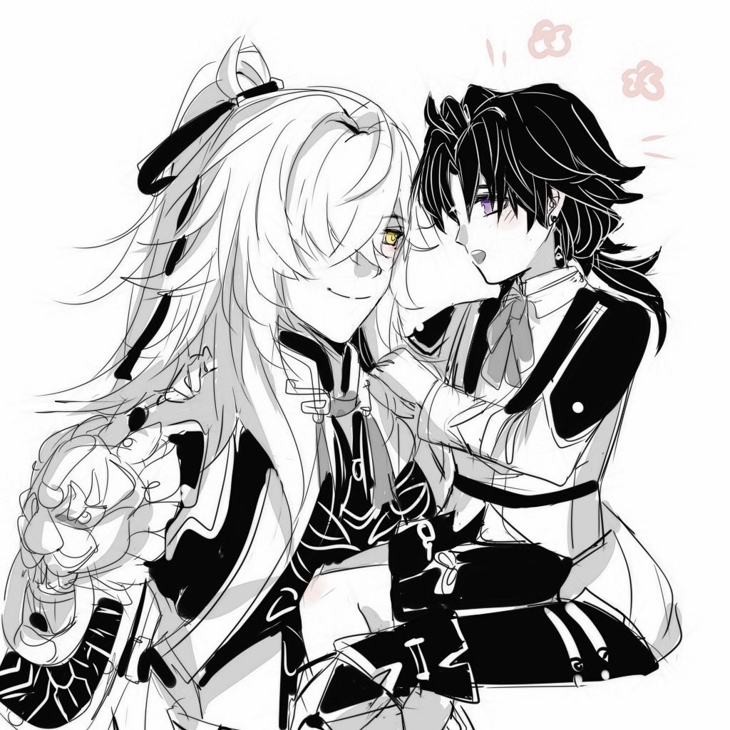 this is a black and white drawing of two anime characters, a male and a female, in a romantic embrace. the female character is leaning in to kiss the male character on the cheek. the male character is looking at the female character with a smile. both characters are blushing, showing their affection for one another. the image is drawn in a simple, stylized style. the use of line art creates a delicate and romantic atmosphere.