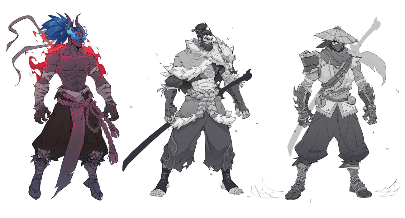 three anime character, one in red, one in black, one in white, are illustrated with swords in their hands. all of them are wearing traditional japanese clothing with a samurai/warrior vibe.  the one in the red is demonized with  a dark skin, and red hair/fire, and big red eyes, with a fierce expression. the one in black is  a human samurai with grey hair, with a wolf fur cloak, a fierce expression. the one in white is a human samurai with a long black hair with a long straw hat.  all of them are holding swords and are ready to fight.