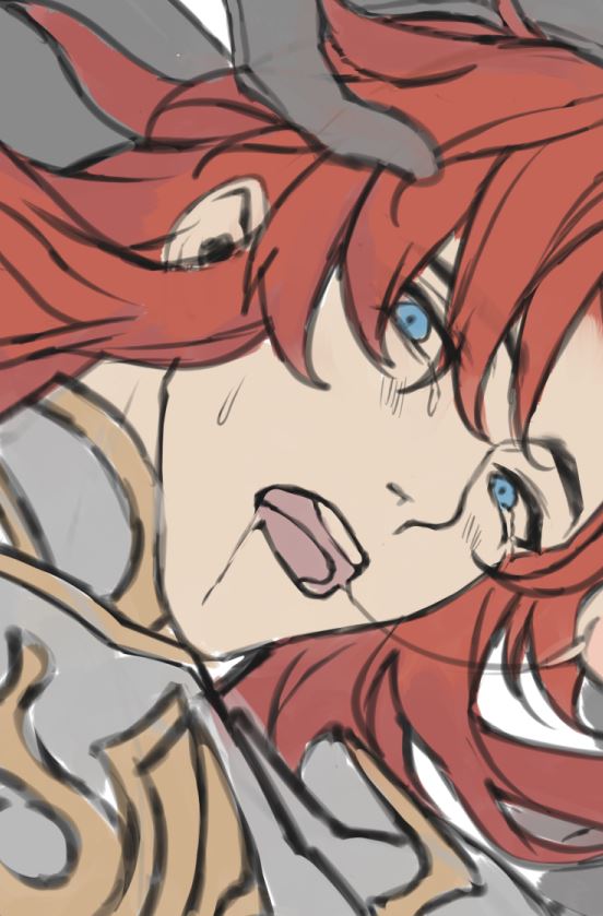 a digital drawing of an anime woman, with red hair, large blue eyes, an open mouth, and a pained expression on her face. she is crying and appears to be in great pain. the woman is drawn in a cartoon style, with a stylized body and exaggerated features. she is wearing a white garment with gold trim.