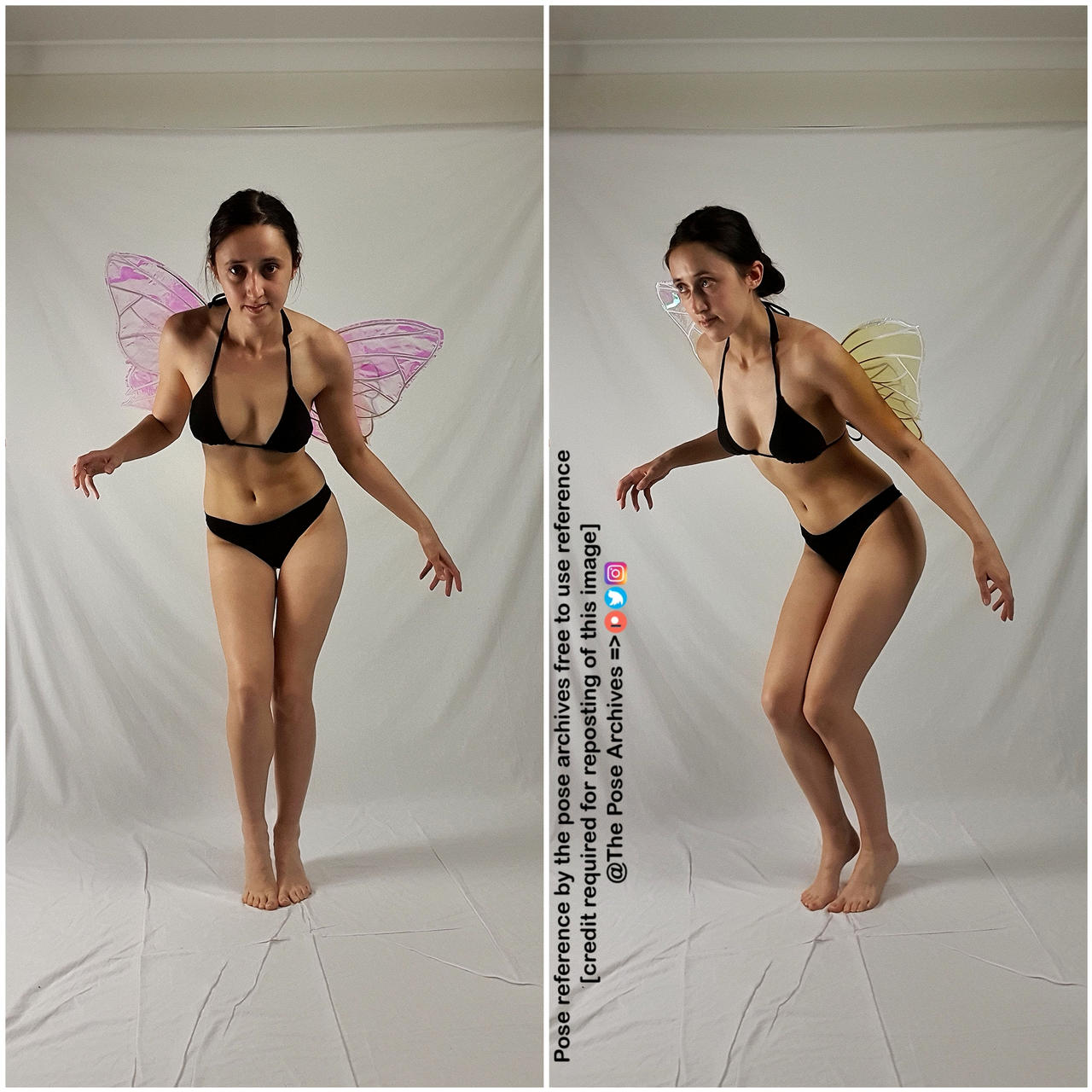 a diptych image showcases a young woman in two different poses against a plain white background. she wears a black bikini and large, translucent fairy wings. in both images, she strikes a dynamic pose, arms outstretched and one leg slightly raised, as if about to take flight. the wings on the left are pink and purple, while the wings on the right are yellow. the image is a reference for artists, labeled with the phrase "pose reference by the pose archives free to use reference [credit required for reposting of this image]" and the handle "@the pose archives."