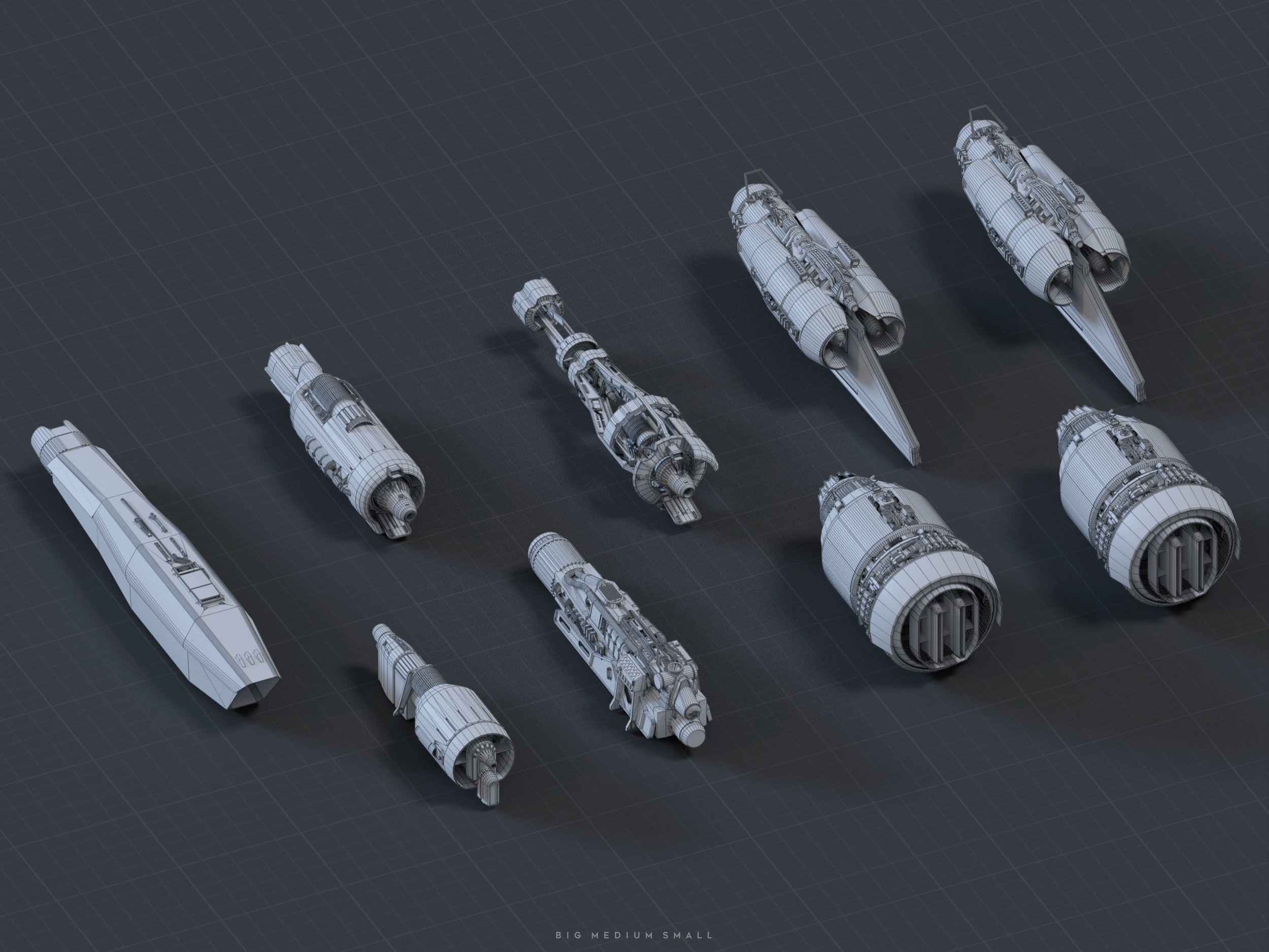 the image showcases a series of nine 3d wireframe models of spaceships or spacecraft components, presented against a dark gray gridded background.  the models vary significantly in size and shape, suggesting different functions or roles within a larger fleet. they range from large, elongated vessels to smaller, cylindrical enginelike units.  the models are clearly labeled with wireframe lines, and the sizes are indicated by the caption "big medium small" at the bottom of the image. the isometric perspective and uniform wireframe style help in comparing shapes and sizes effectively. the overall aesthetic is clean and technical.