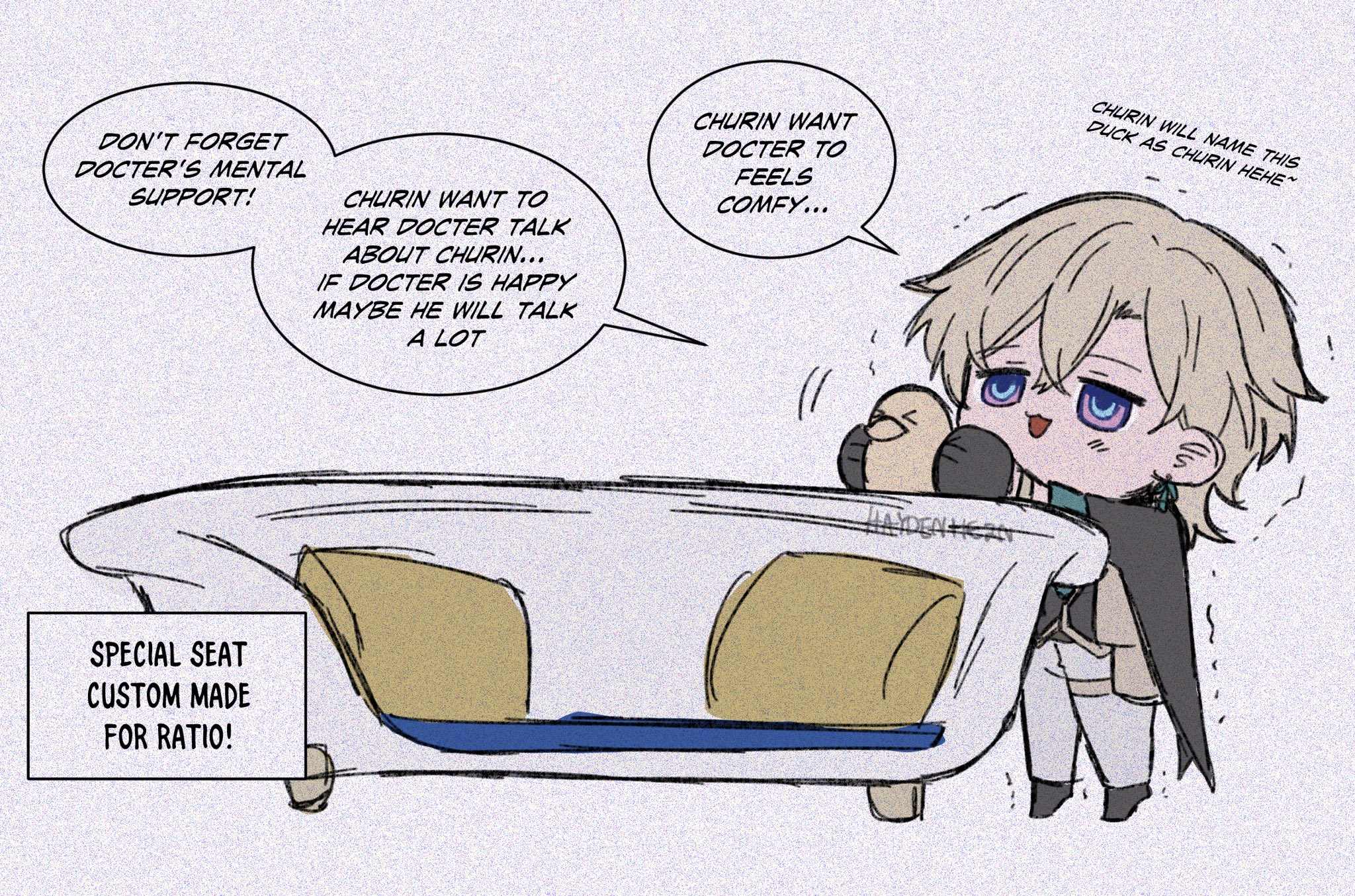 the image shows a cute cartoon chibi character,  churin, in a bathtub. churin is a small anime character with blonde hair, big blue eyes, and a small mouth.  the character is sitting in a bathtub with a rubber duck. the bathtub has a special seat custom made for ratio.  the image is set in a cartoon style and has a humorous tone. there are speech bubbles that read: "don't forget doctor's mental support!". "churin want to hear doctor talk about churin... if doctor is happy maybe he will talk a lot". "churin want doctor to feels comfy...". "churin will name this duck as churin hehe".  this image is suggesting that churin wants the doctor to be comfortable while talking about their mental health.