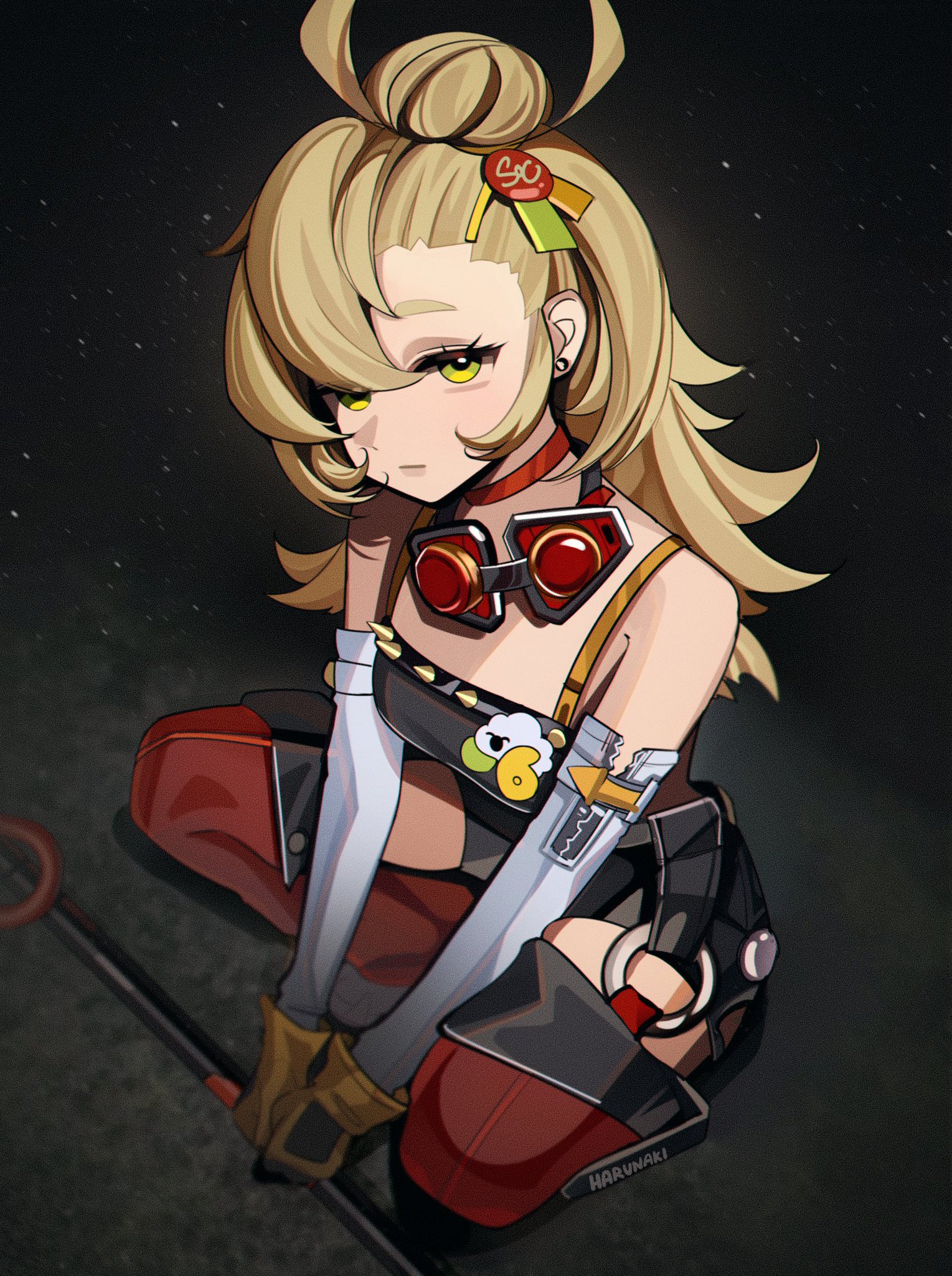 an anime girl with blonde hair wearing red and black clothing is sitting on the ground holding a weapon. she's wearing futuristic looking goggles and her hair is tied back in a ponytail. the background is a dark, starry night sky.